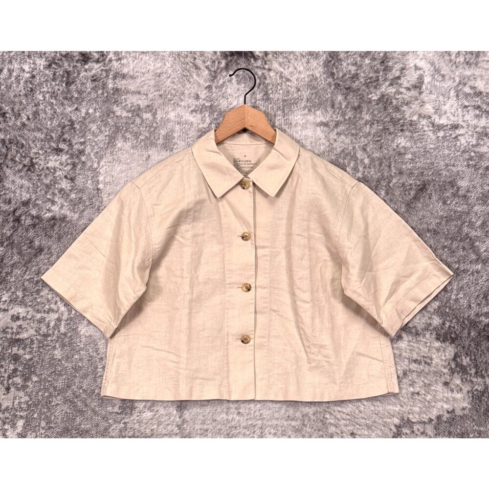 Muji Shirt Medium Womens Cotton Linen Boxy Crop Collared Button Down